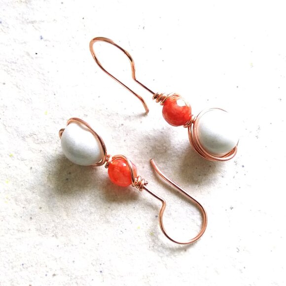 Uniquely Handmade Earrings: Lively Glowing Orange & Creamy White Stone w. Copper - Picture 7 of 11
